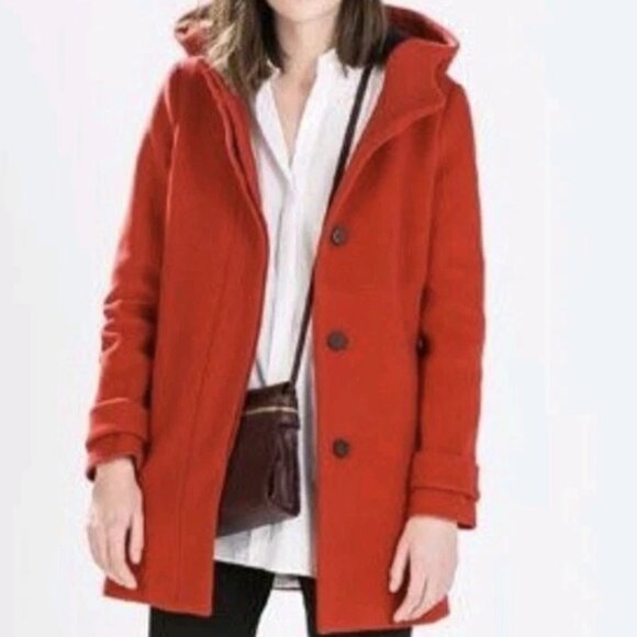 Zara Women's Size Medium Red Wool Duffel Hooded Jacket - Picture 3 of 9